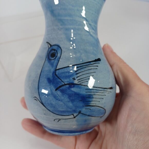 Vintage Tonala MEXICO Pottery 5" Vase Blue Bird And Flowers Artist Signed EUC - Picture 4 of 9